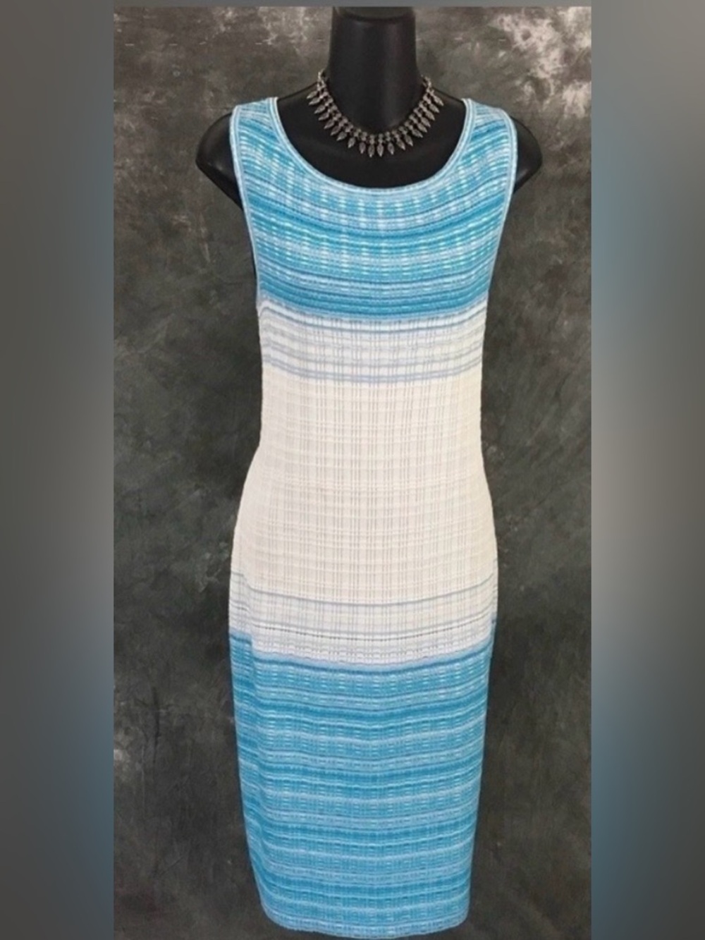 St John Sleeveless Pool Blue/White Knit Ombre Stripe Sheath Dress